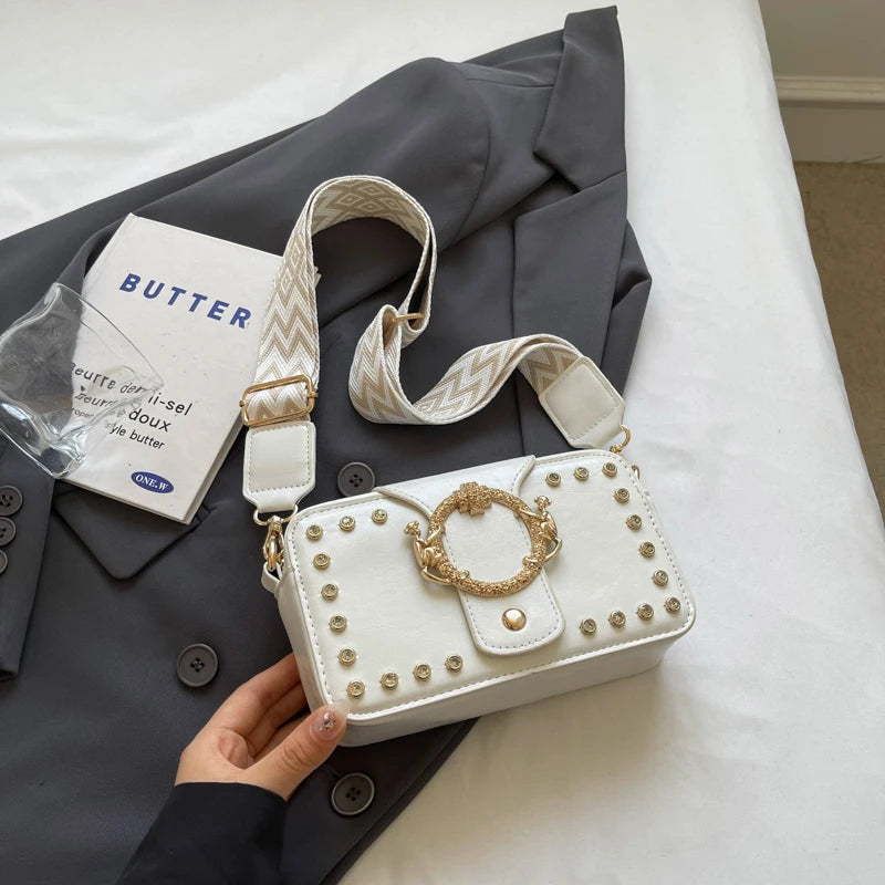 Luxury Rivet Pu Leather Crossbody Bag For Women 2024 New Wide Strap Shoulder Handbag And Purse Black Zipper Messenger Bags