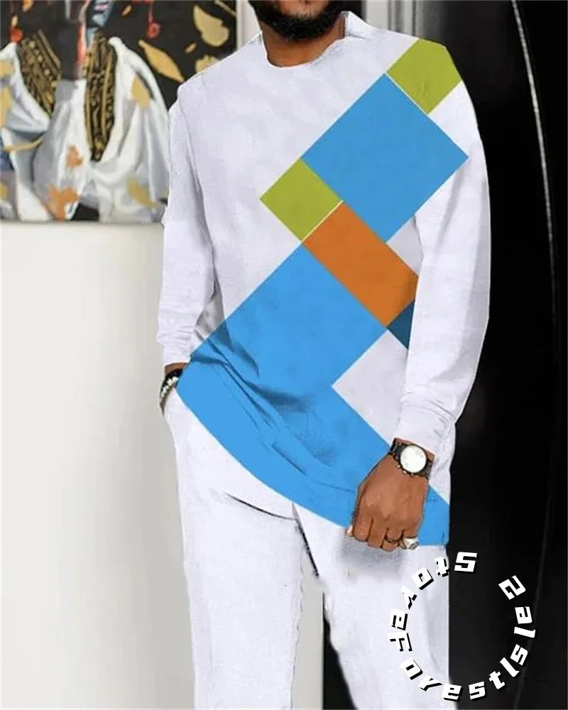 Fashion Clothing Set for Men Tracskuit Set Casual Walking Suit Ovrersize Streetwear Long Sleeve T-Shirt Trousers Outfit 2-piece