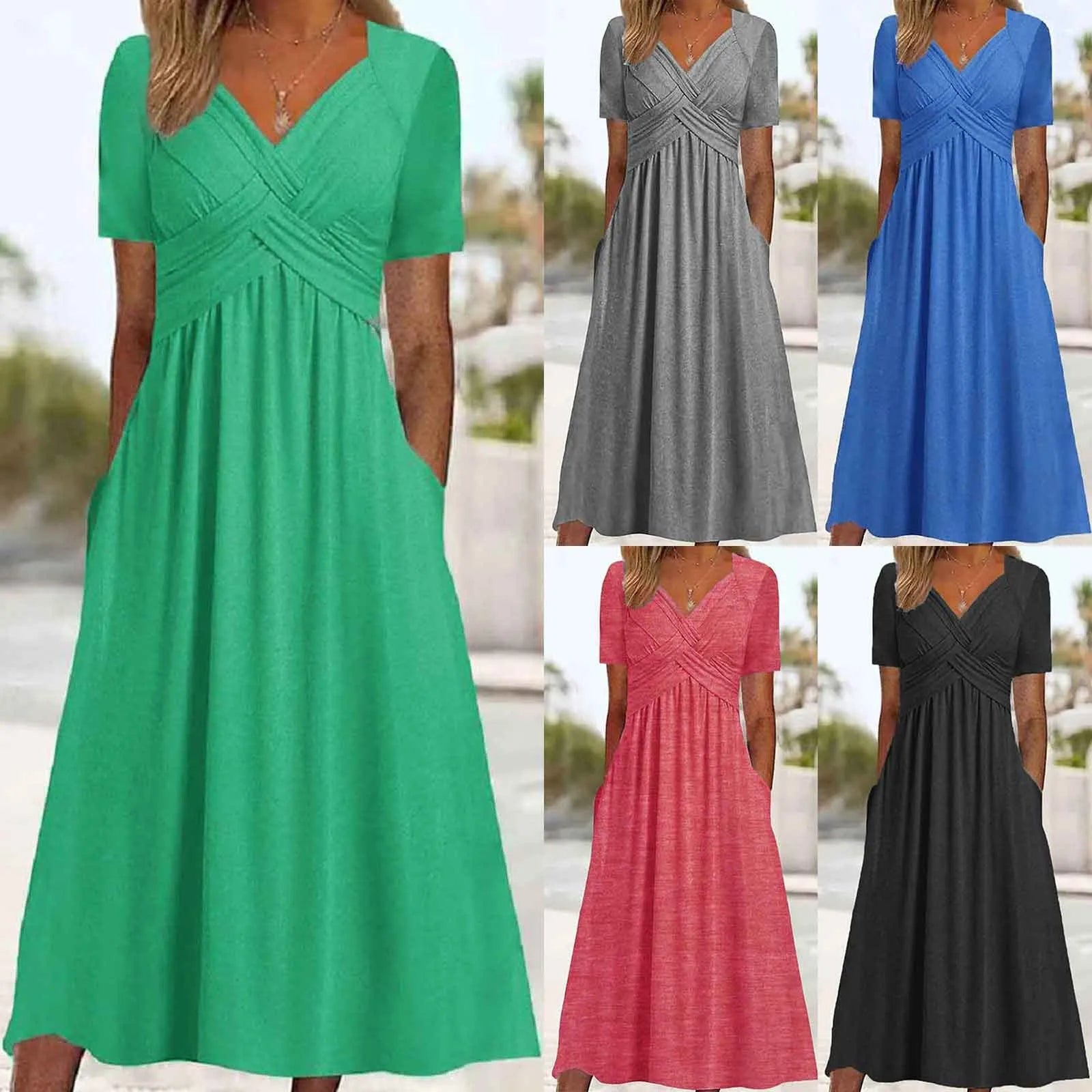 Women A Line Pleated Maxi Dress Summer Solid Color Plus Size Ruffles Long Dresses 2024 New Short Sleeve Holiday Sundress Robe
