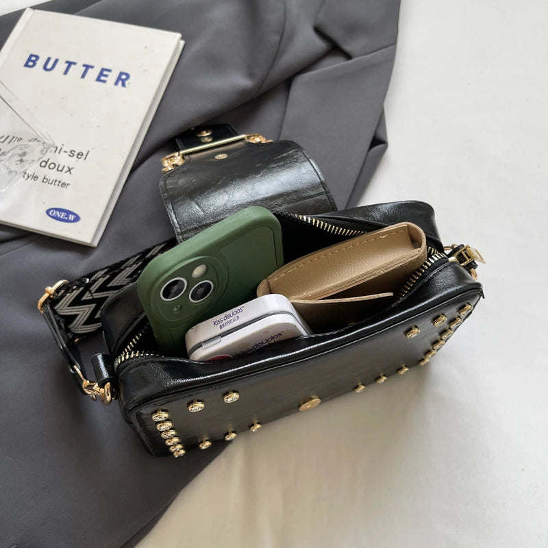 Luxury Rivet Pu Leather Crossbody Bag For Women 2024 New Wide Strap Shoulder Handbag And Purse Black Zipper Messenger Bags