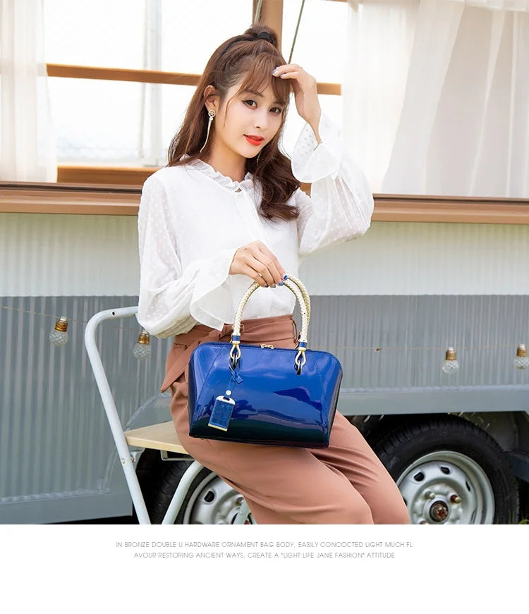 Luxury Designer Handbag Shiny Leather Boston Bag 2024 Fashion New Blue Red Black Beige Pink Bags for Women