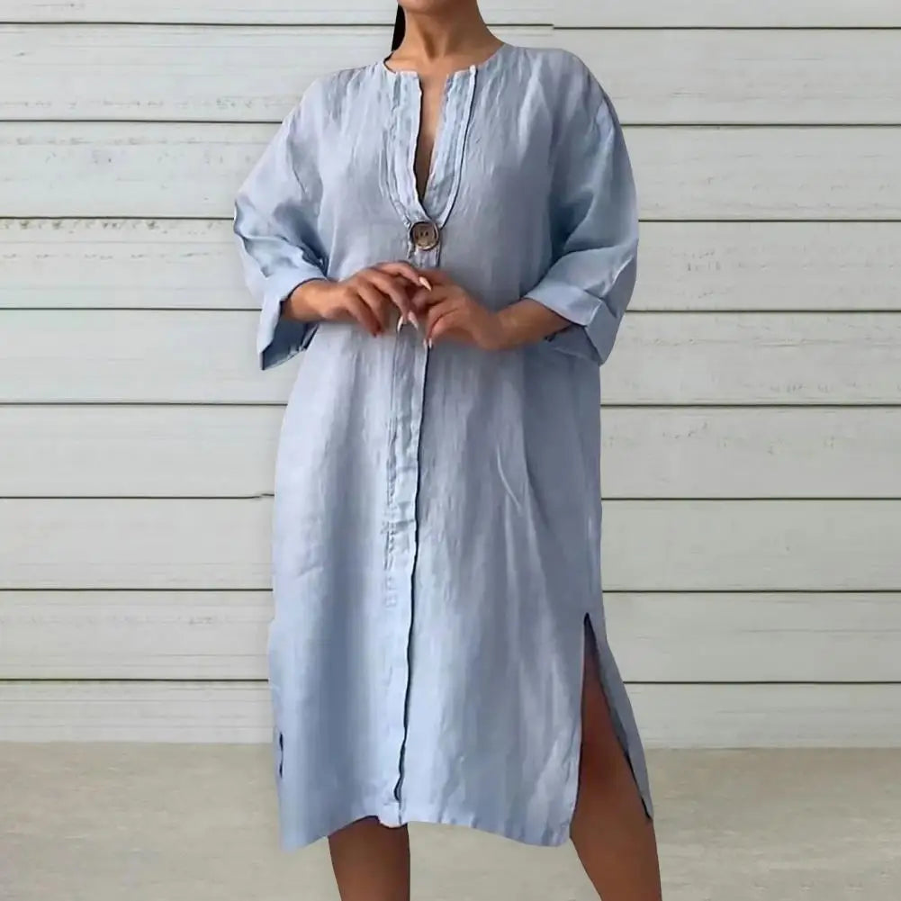 Summer Women Dress V Neck Side Split Loose Pullover Button Pure Color Long Sleeves Casual Daily Wear Midi Dress