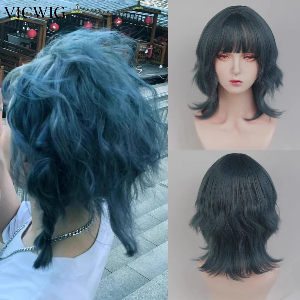 VICWIG Blue Short Wavy Mullet Head Wigs with Bangs Synthetic Lolita Cosplay Women Hair Wig for Daily Party
