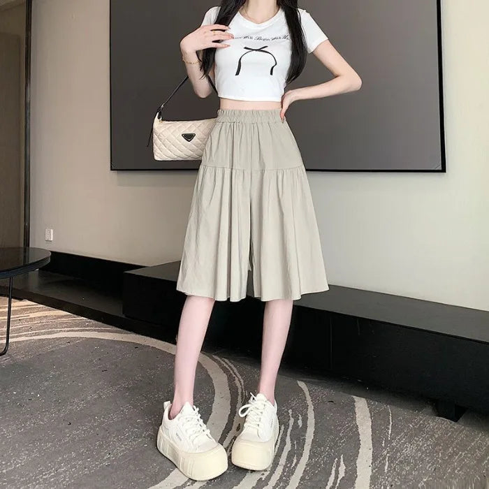 Ladies' A-line skirts, high-waisted, loose and puffy, casual ice silk, wide-leg capre pants, comfortable and convenient women
