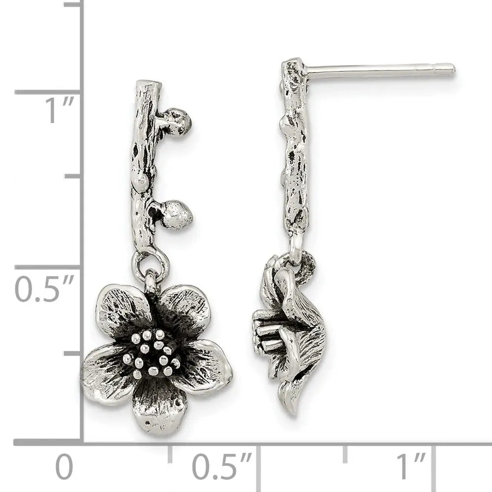 Sterling Silver Oxidized Flower with Branch Dangle Post Earrings Fashion Dangle Jewelry