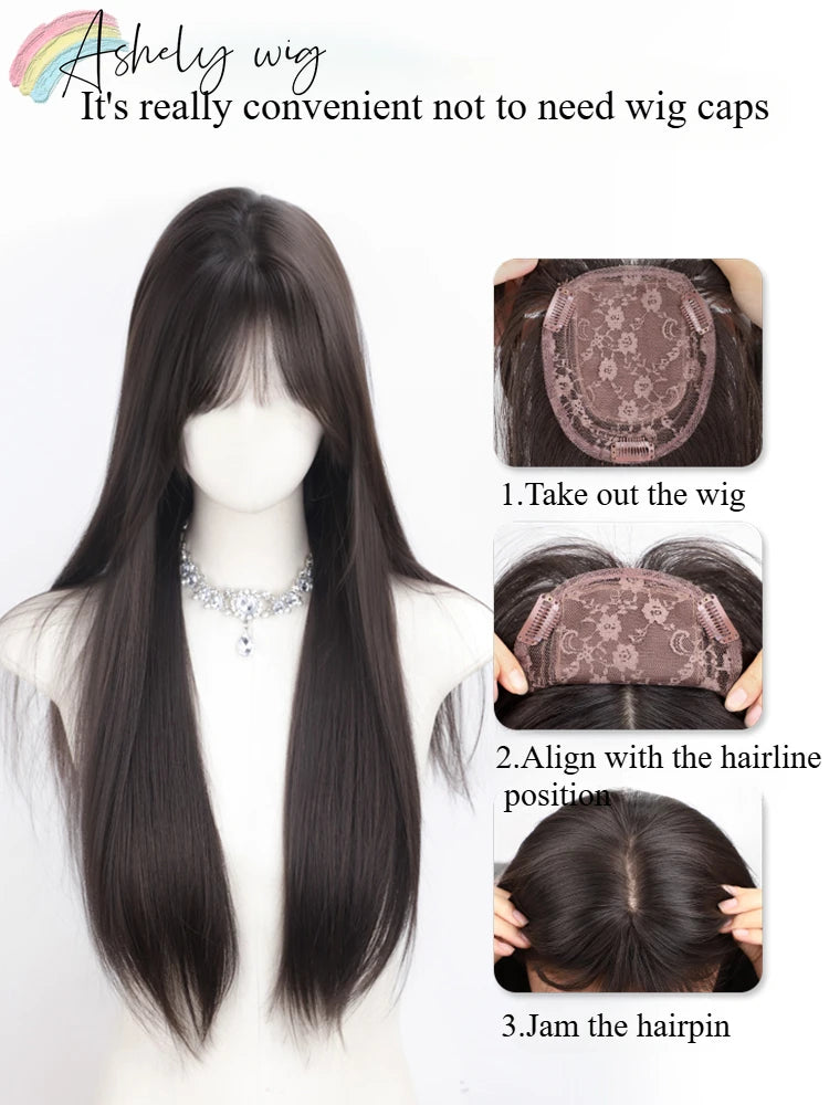 Wig for Women Black Long Straight Top Wig Pieces Hair Growth Volume No Need To Wear Wig Cap Hair Replacement False Bangs