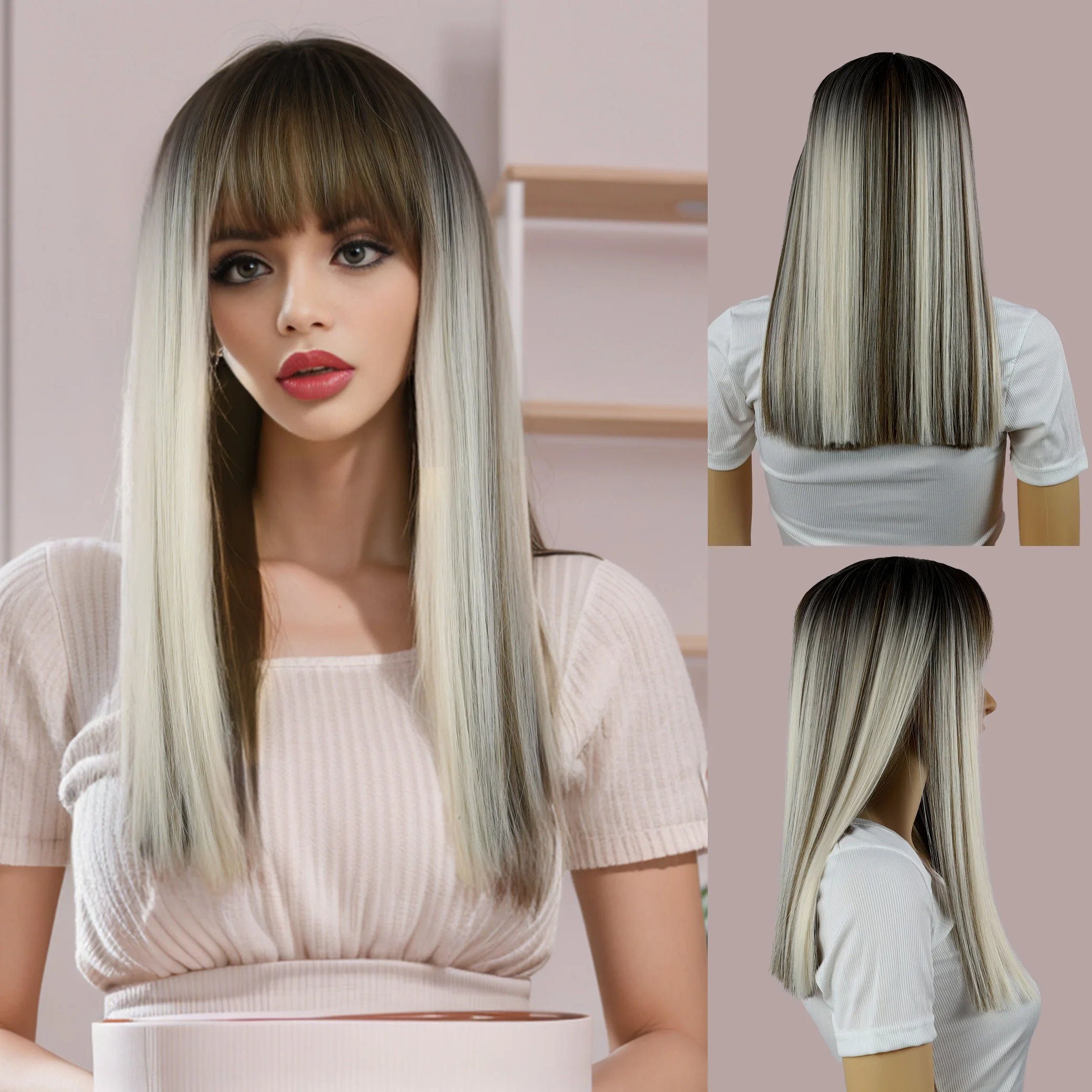 Wigs for women long straight hair 18 inches bangs, gradient mixed colors brown and white, heat-resistant synthetic fiber easy to