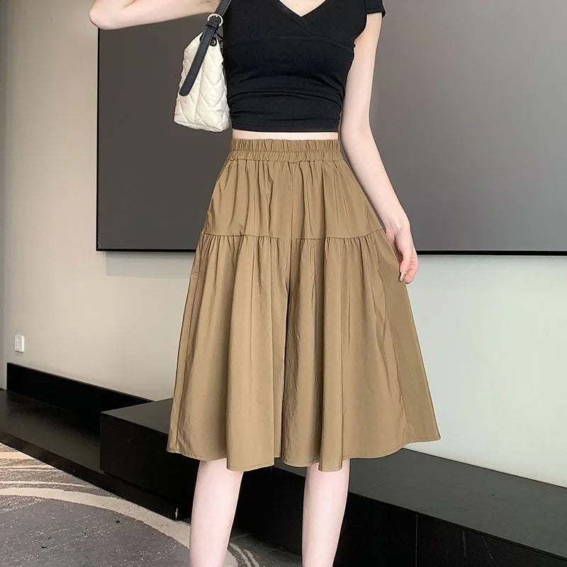 Ladies' A-line skirts, high-waisted, loose and puffy, casual ice silk, wide-leg capre pants, comfortable and convenient women