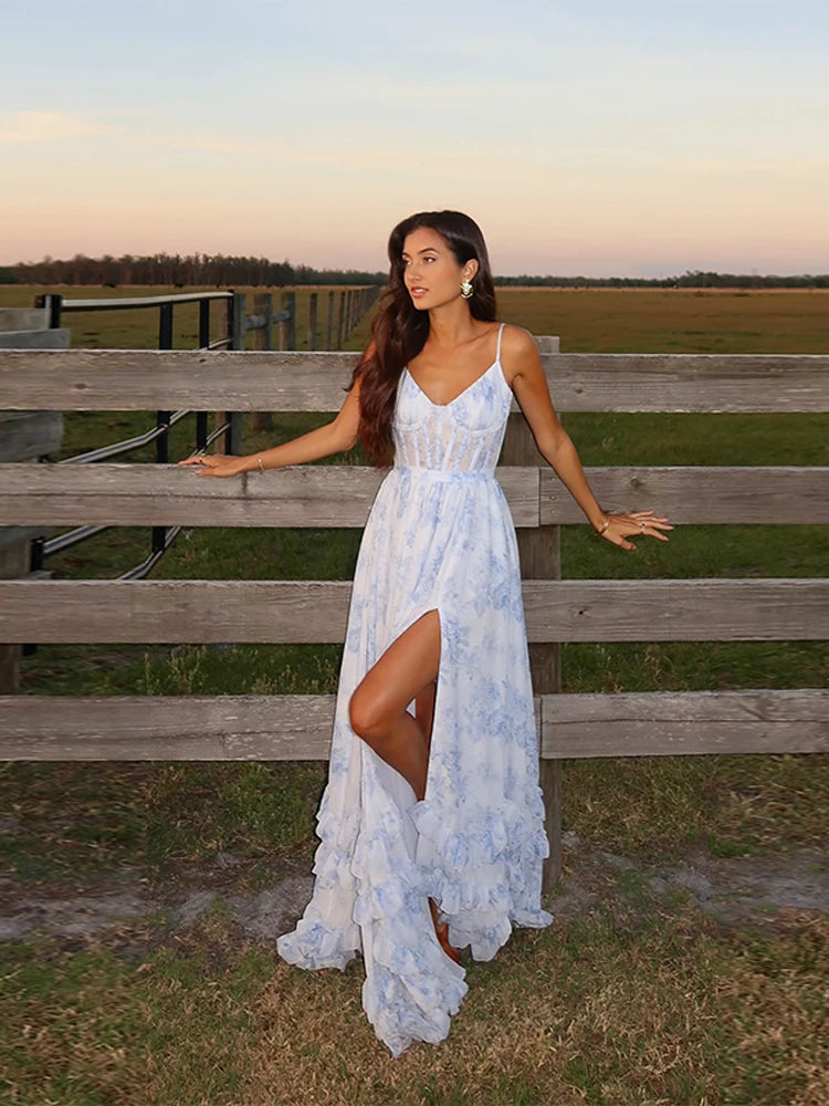 Elegant Off Shoulder Floral Print Prom Dress Ruffle Side High Split Lace Vestidos Princess Shiny Floor-length Evening Dresses