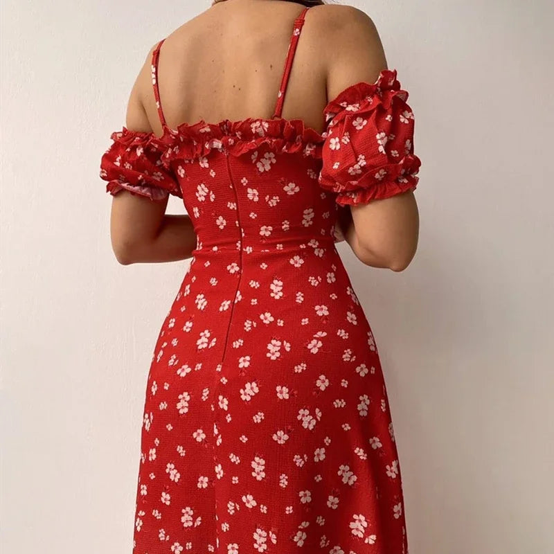 New Summer Elegant Casual Floral Print Off Shoulder Split Dress Women Short Sleeve Slim Midi Dress for Club Party Holiday