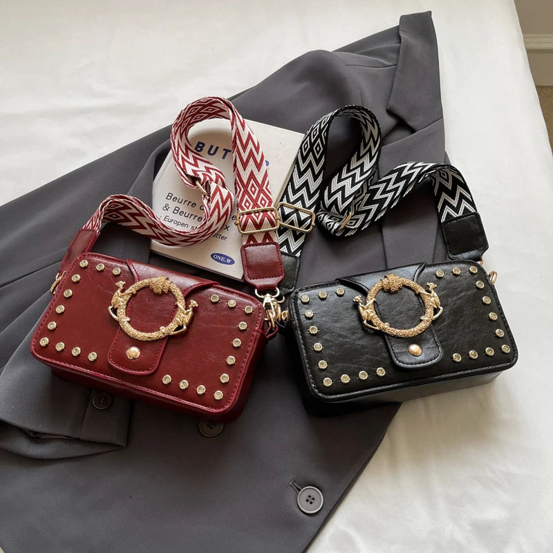 Luxury Rivet Pu Leather Crossbody Bag For Women 2024 New Wide Strap Shoulder Handbag And Purse Black Zipper Messenger Bags