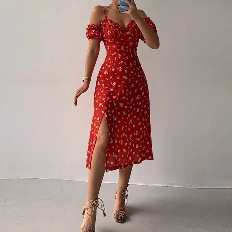 New Summer Elegant Casual Floral Print Off Shoulder Split Dress Women Short Sleeve Slim Midi Dress for Club Party Holiday