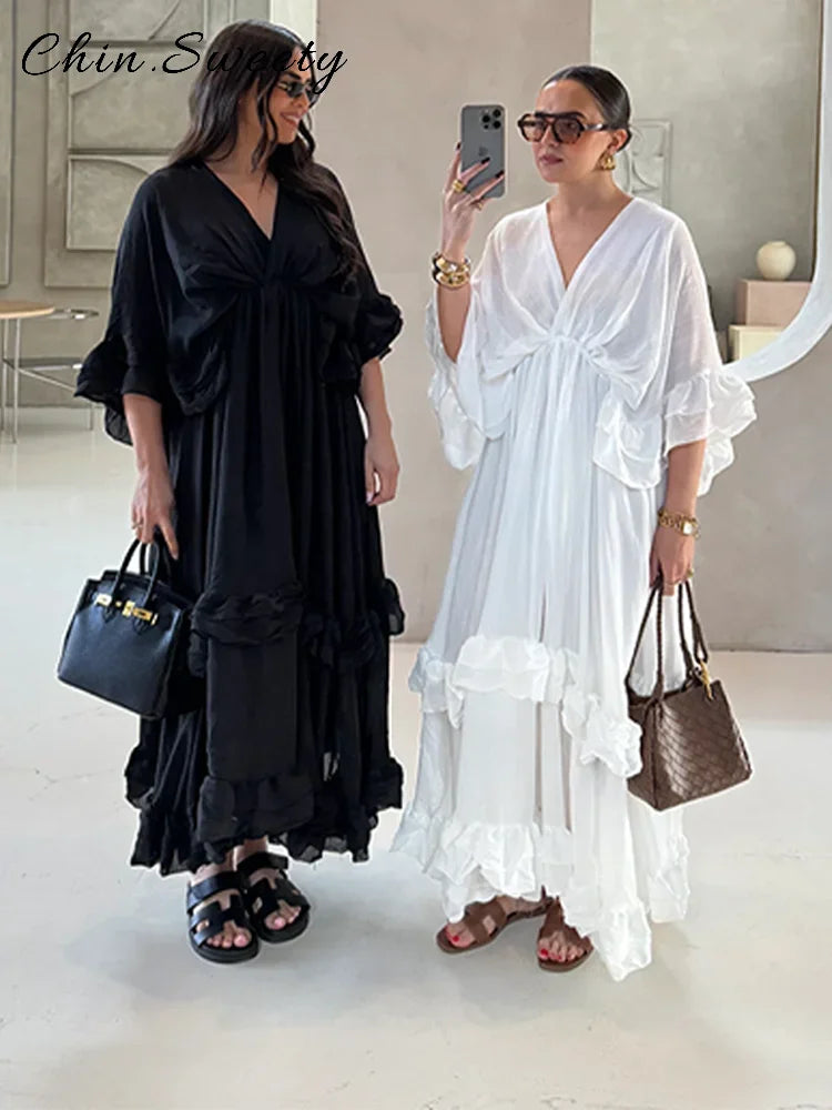 Elegant Ruffles Long Pleated Dress Women Loose Solid V-neck Half Sleeve Ruched Dresses 2025 Spring Summer Lady Vacation Robe New