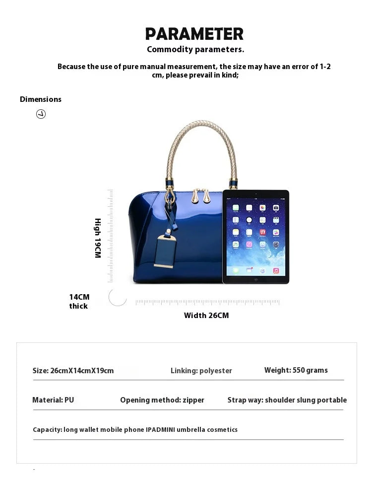 Luxury Designer Handbag Shiny Leather Boston Bag 2024 Fashion New Blue Red Black Beige Pink Bags for Women