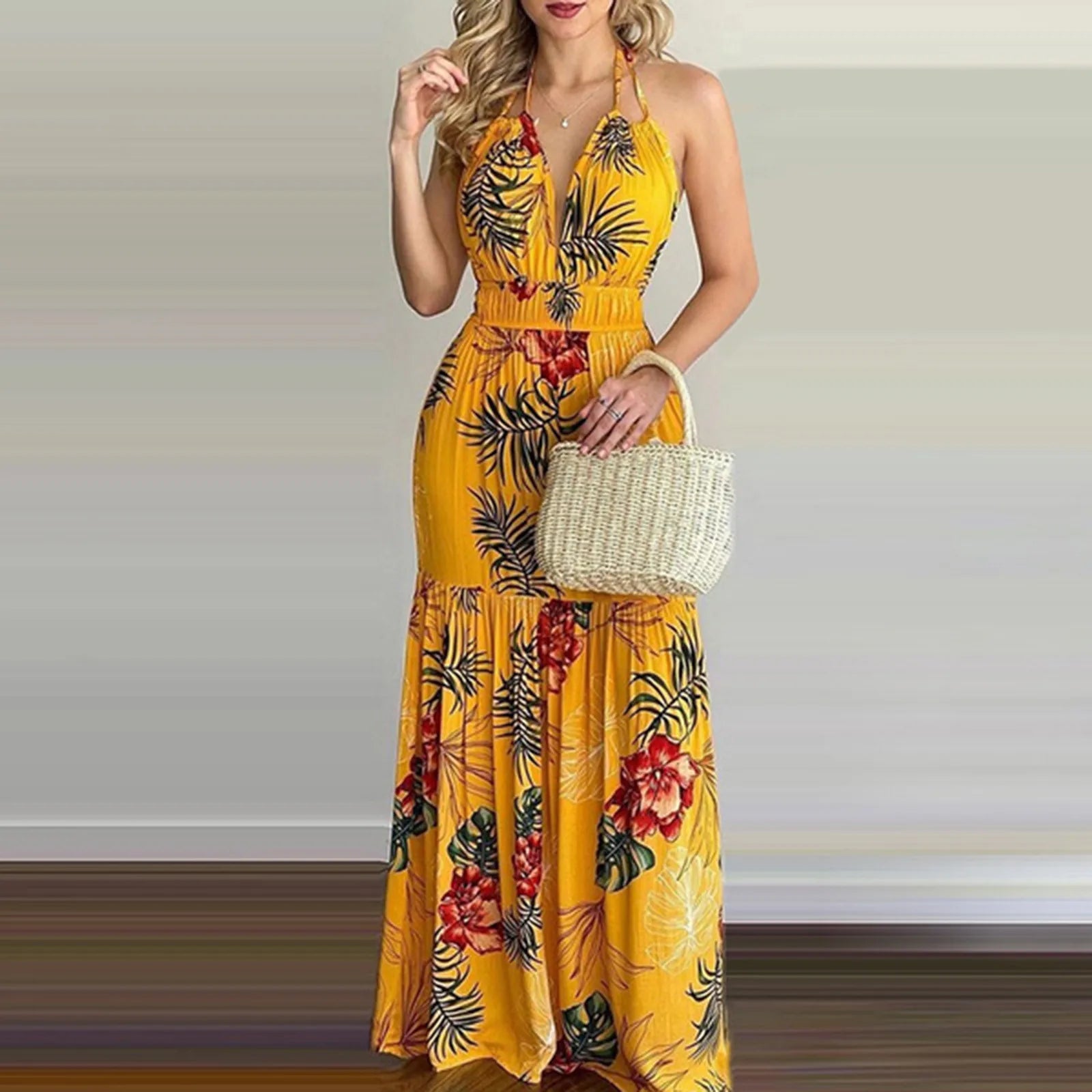 Women's Tropical Print Halter Maxi Dress - Backless Beach Summer Dress