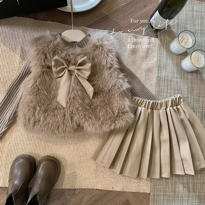 Children's Clothing Sets Fashion Furry Coat + Knitted Top + Pleated Leather Skirt 3pcs Sets Kids Clothes Girls Baby Girl Clothes