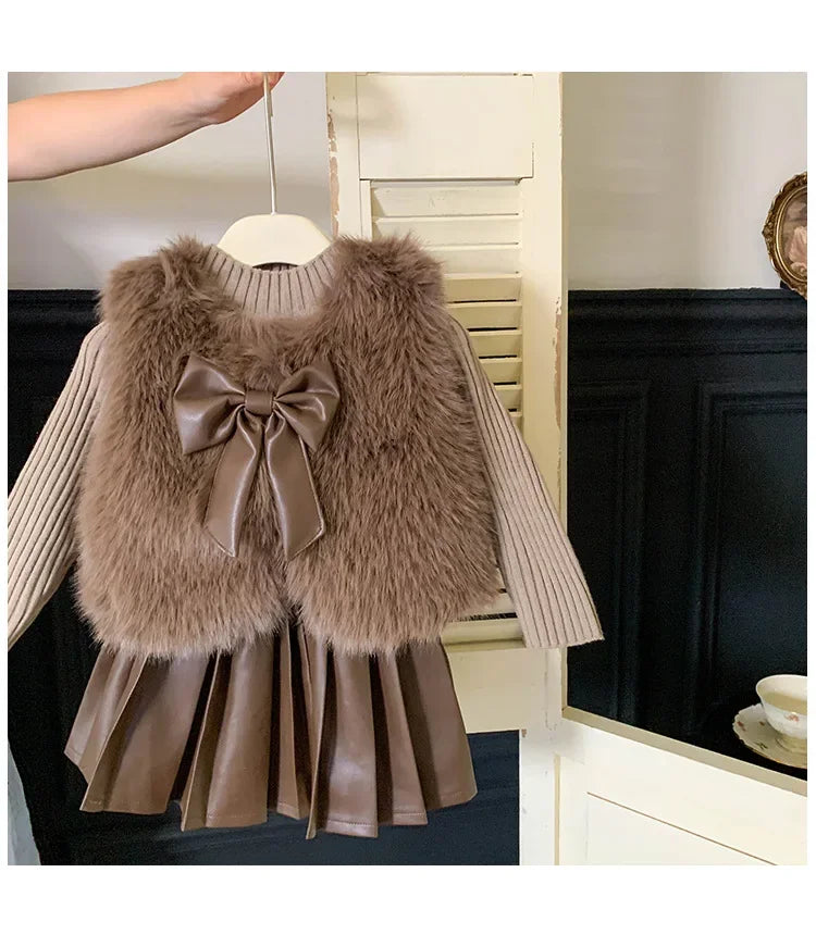 Children's Clothing Sets Fashion Furry Coat + Knitted Top + Pleated Leather Skirt 3pcs Sets Kids Clothes Girls Baby Girl Clothes