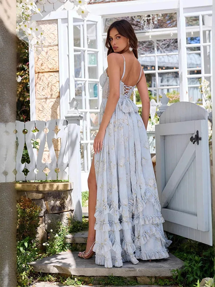 Elegant Off Shoulder Floral Print Prom Dress Ruffle Side High Split Lace Vestidos Princess Shiny Floor-length Evening Dresses