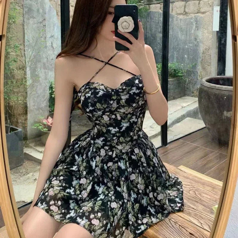Retro Floral Dresses Women Sexy Slim Spaghetti Strap Lace Up Mini Dress Female Summer Holiday Beach Backless Empire Sundress