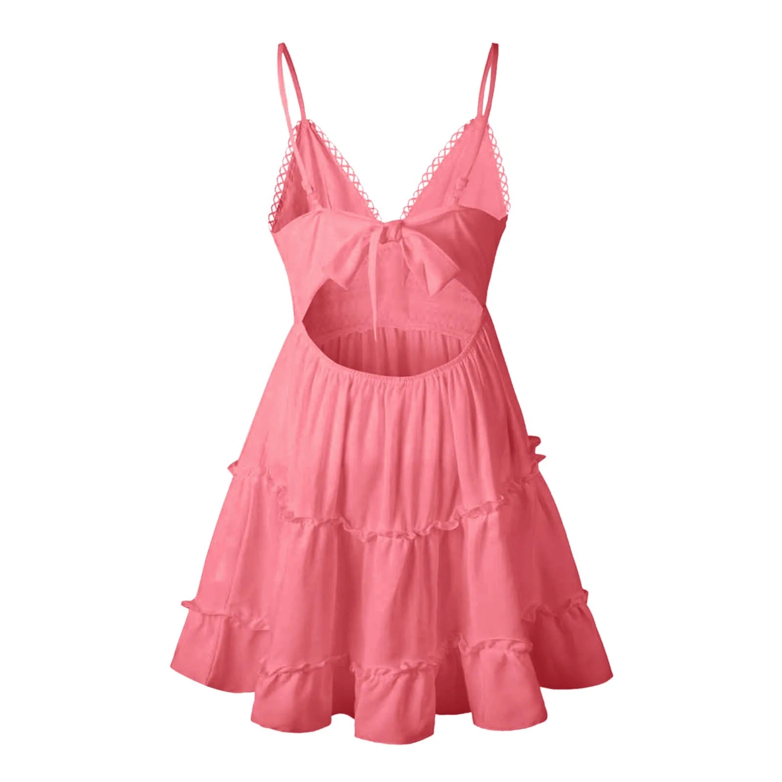 Women Summer Lace Short Dresses Casual V Neck Boho Ruffle Sleeveless A Line Beach Sun Dress Backless Sexy Dresses For Women