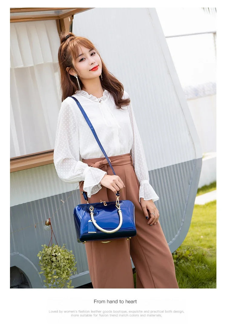 Luxury Designer Handbag Shiny Leather Boston Bag 2024 Fashion New Blue Red Black Beige Pink Bags for Women