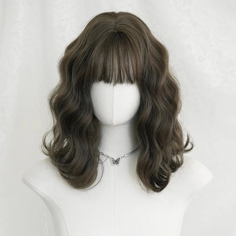 Wig for Women with Short Curly Hair, New Summer Product, Misty Cold Brown Chemical Fiber, Simulated Full Headgear with Bangs, High Temperature Silk Curly Hair, Synthetic Wig