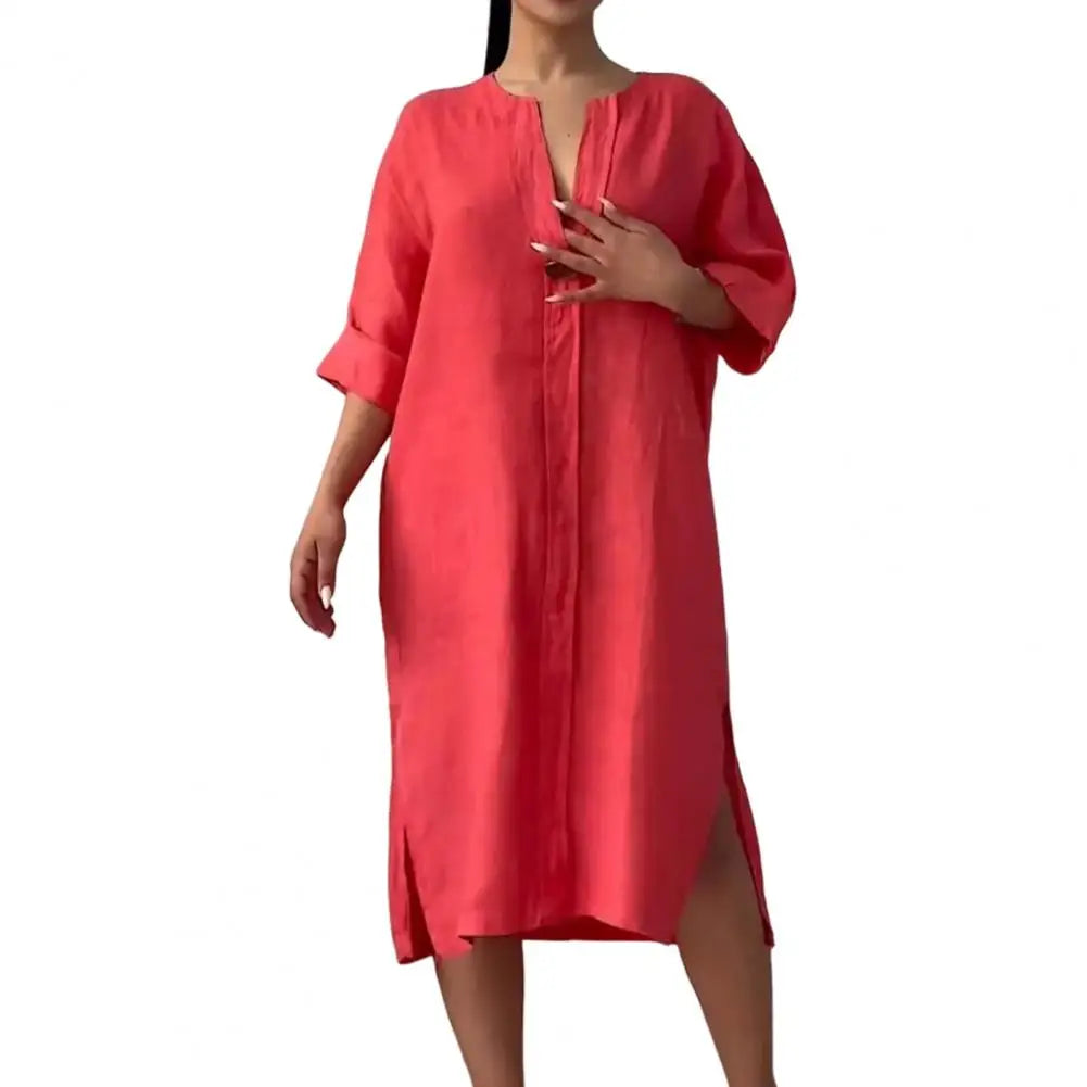 Soft Fabric Women Dress Button V-neck Dress Women's Loose V Neck A-line Midi Dress with Three Quarter Sleeves for Wear