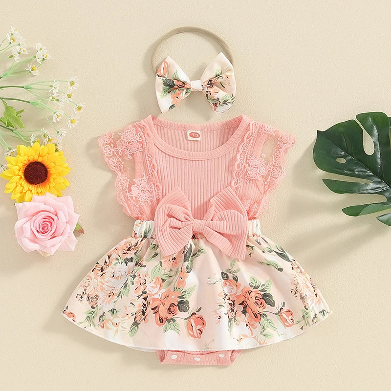 Pudcoco Baby Girl Summer Jumpsuit Floral Print Lace Patchwork Romper Dress and Headband Set Cute Fashion Clothes Outfits 0-18M
