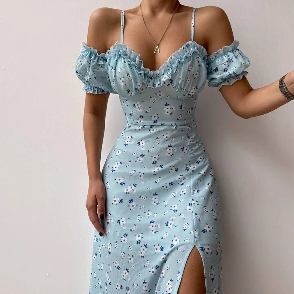 New Summer Elegant Casual Floral Print Off Shoulder Split Dress Women Short Sleeve Slim Midi Dress for Club Party Holiday