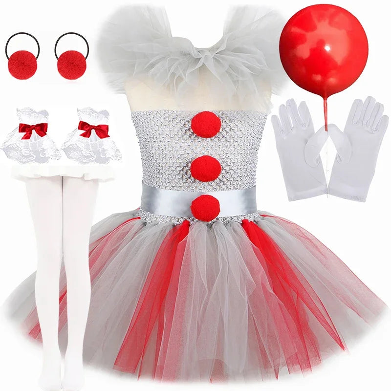 Halloween Costume For Kids Gray Girls Tutu Dress Kids Cosplay Scary Clown Costume Girl Carnival Masquerade Party Dress Up 3-12Y