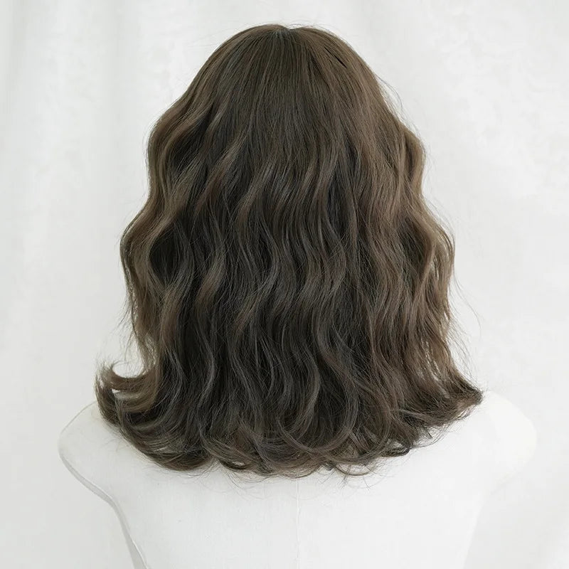 Wig for Women with Short Curly Hair, New Summer Product, Misty Cold Brown Chemical Fiber, Simulated Full Headgear with Bangs, High Temperature Silk Curly Hair, Synthetic Wig