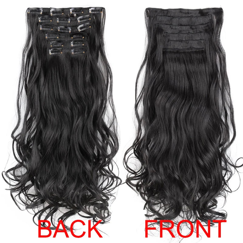 WIGSIN Synthetic 24Inch Long Curly 16 Clips Hair Extension Heat Resistant Fiber Black Brown Hairpiece for Women