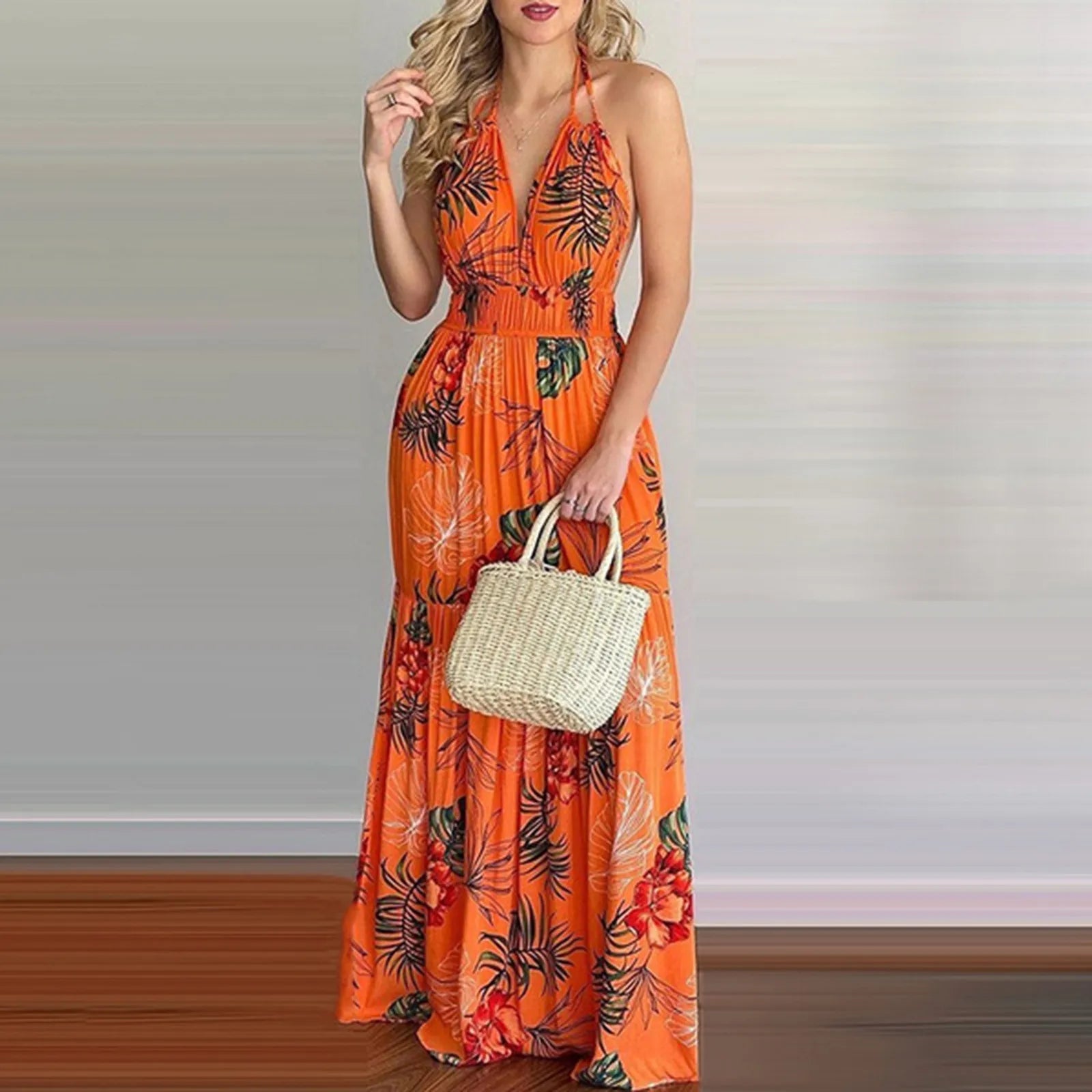 Women's Tropical Print Halter Maxi Dress - Backless Beach Summer Dress