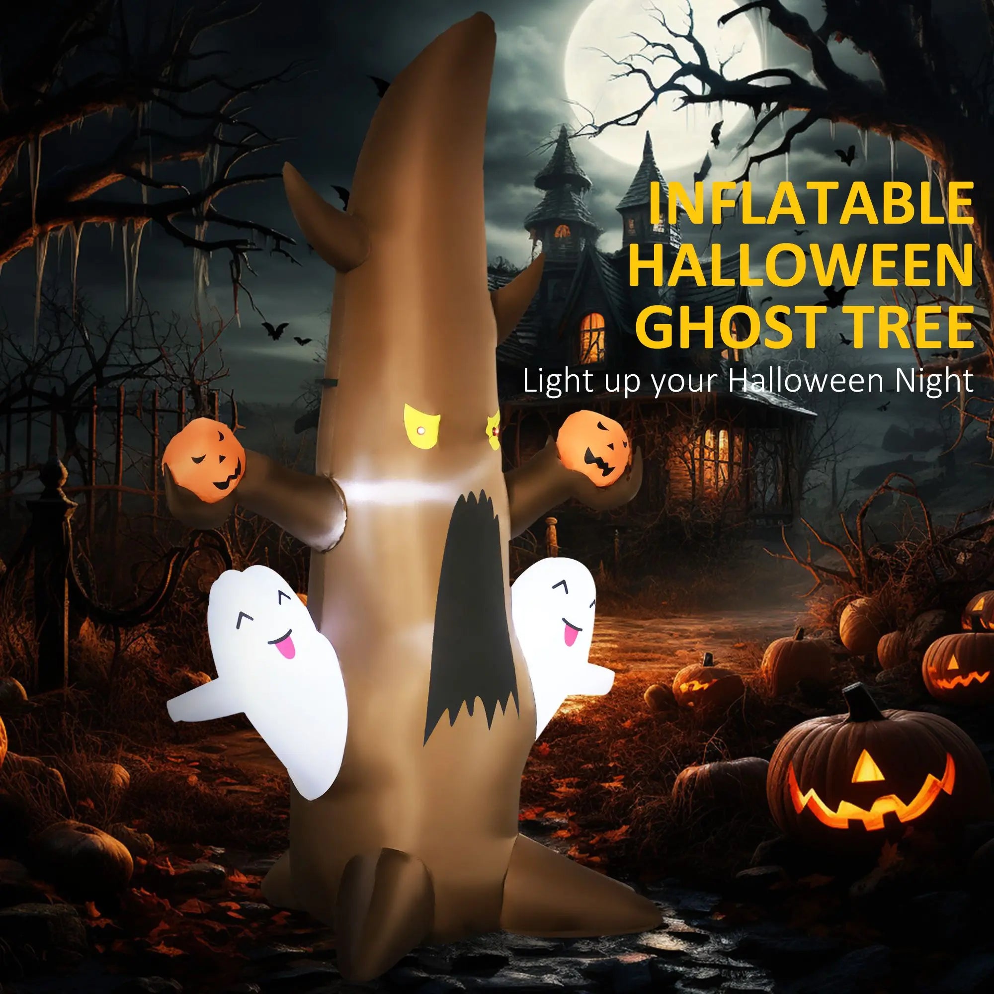 5ft LED Inflatable Halloween Ghost Tree and Pumpkins Smiling Ghost Lawn Garden Party Decorations for Outdoor Holidays