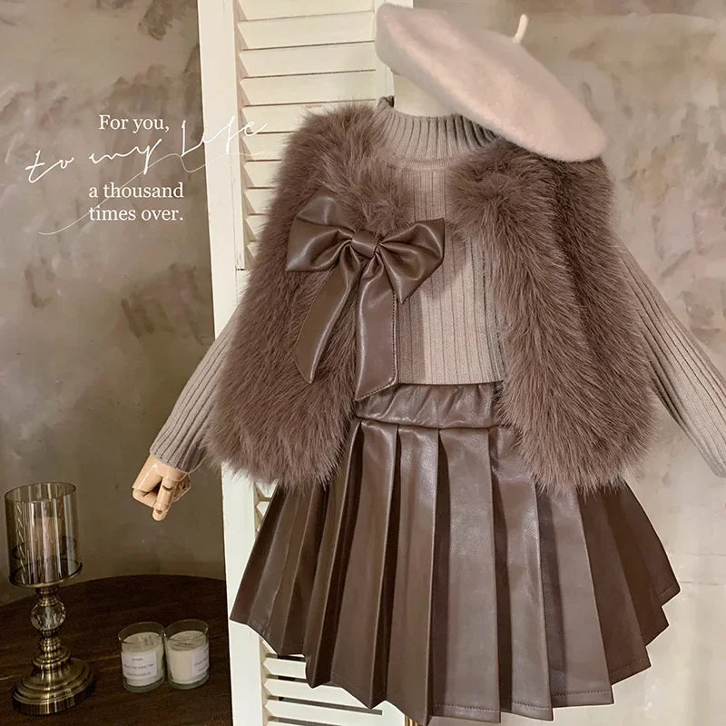 Children's Clothing Sets Fashion Furry Coat + Knitted Top + Pleated Leather Skirt 3pcs Sets Kids Clothes Girls Baby Girl Clothes