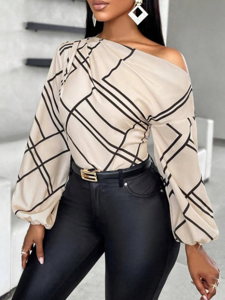 Ladies' Spring/Summer Daily Commuting Elegant Casual Shirt with Striped Print, Pleated and Asymmetric Neckline