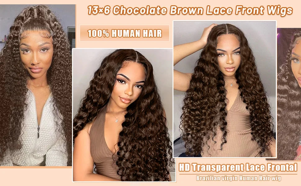 13x5 Chocolate Brown 13x6 HD Deep Wave Lace Frontal Wig 30 40 42 Inch 200% Wet And Wavy Colored Curly Lace Front Human Hair Wigs