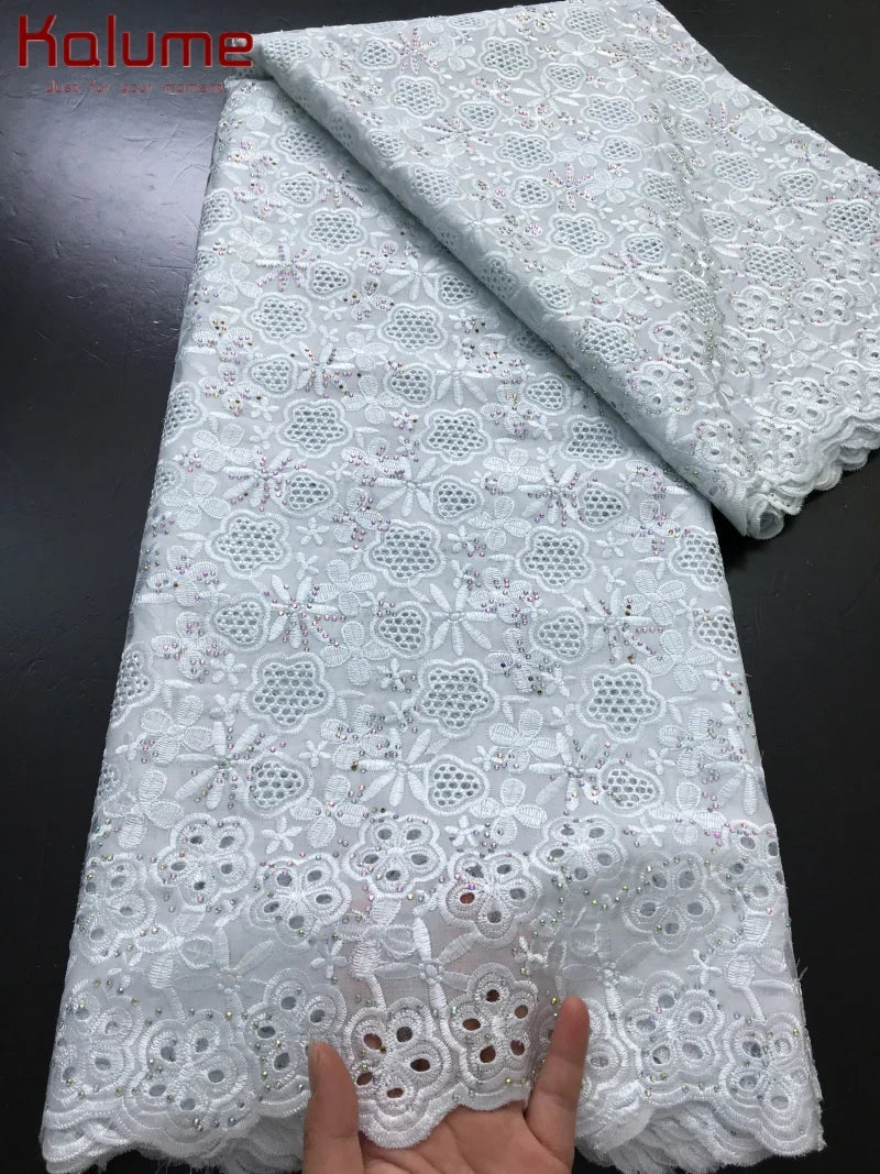 Kalume African Cotton Embroidered Lace Fabric With Stones 2025 Nigerian Swiss Voile Lace Fabric Flower For Sewing Dress F4325
