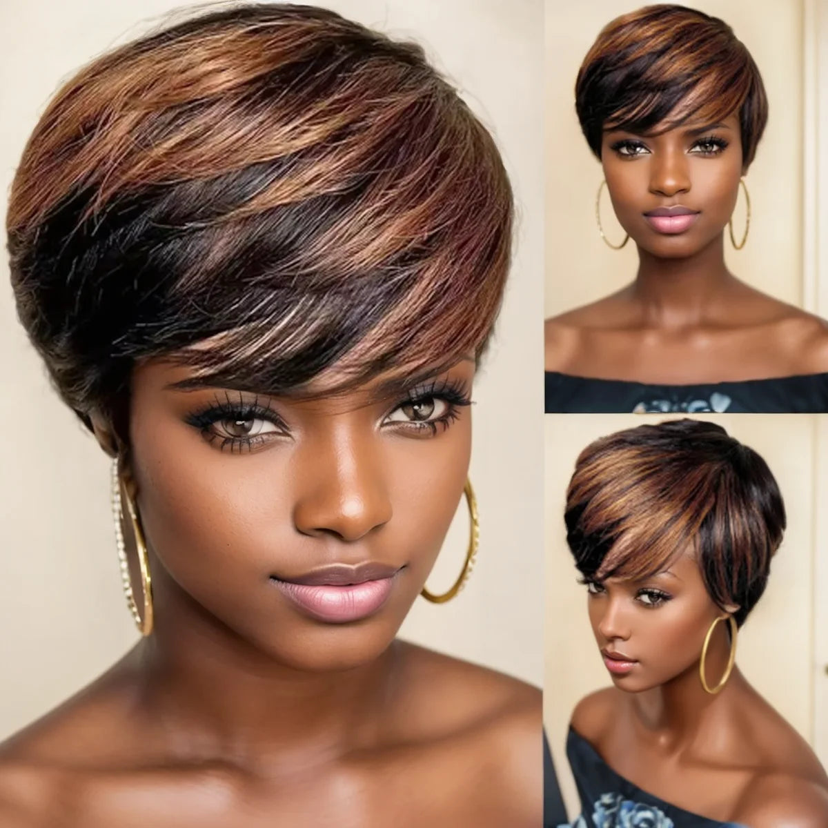 WIGERA  Highlight Synthetic Wigs Short Straight  Pixie Cut Hair Bob Wig Honey Gold Mix Black  Hair For Woman