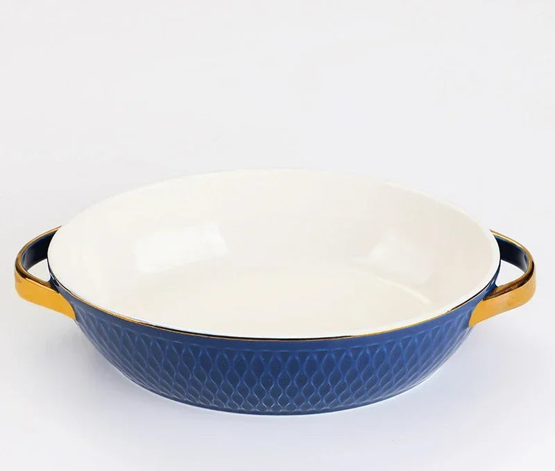 Golden Side Baking Tray Rectangle Oval Ceramic Glaze Baking Pan Barbecue Salad Plate Oven Kitchen Bableware