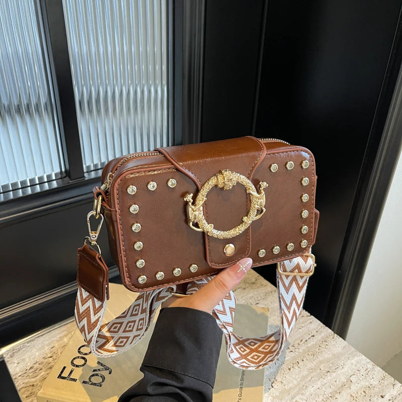 Luxury Rivet Pu Leather Crossbody Bag For Women 2024 New Wide Strap Shoulder Handbag And Purse Black Zipper Messenger Bags