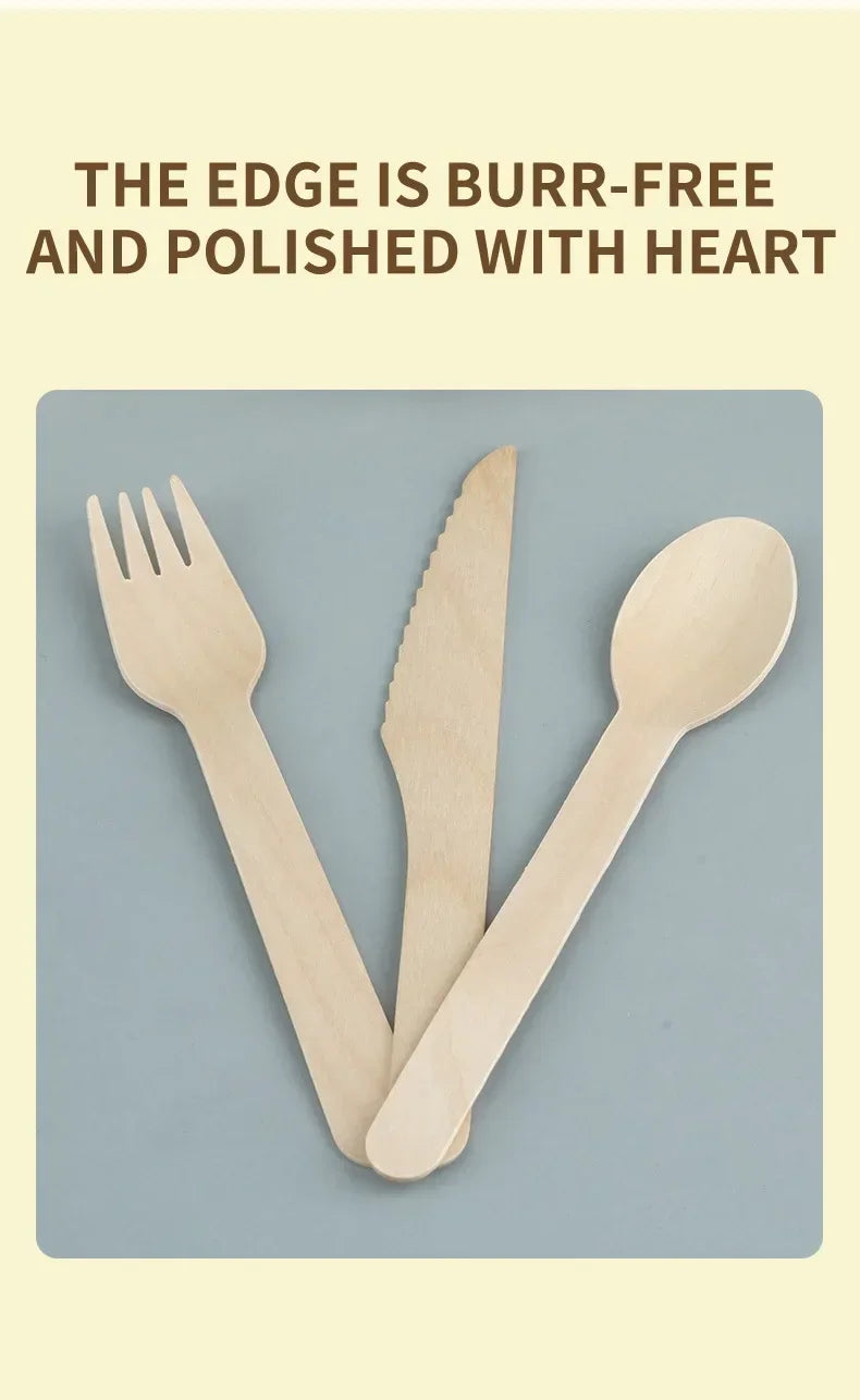 Disposable Wooden Cutlery Set Eco-Friendly  Fork Knife Spoon Wedding Birthday Party Outdoor Picnic Kitchen Recyclable Flatware