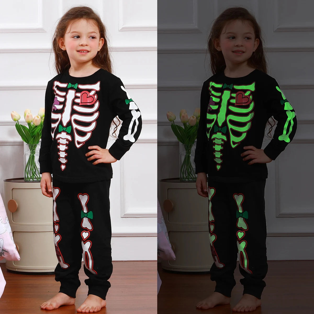 Kids Halloween Skeleton Costume Set Glow In Dark Boys Girls Cosplay Pants Sets Children Funny Trick Or Treat Party Clothes