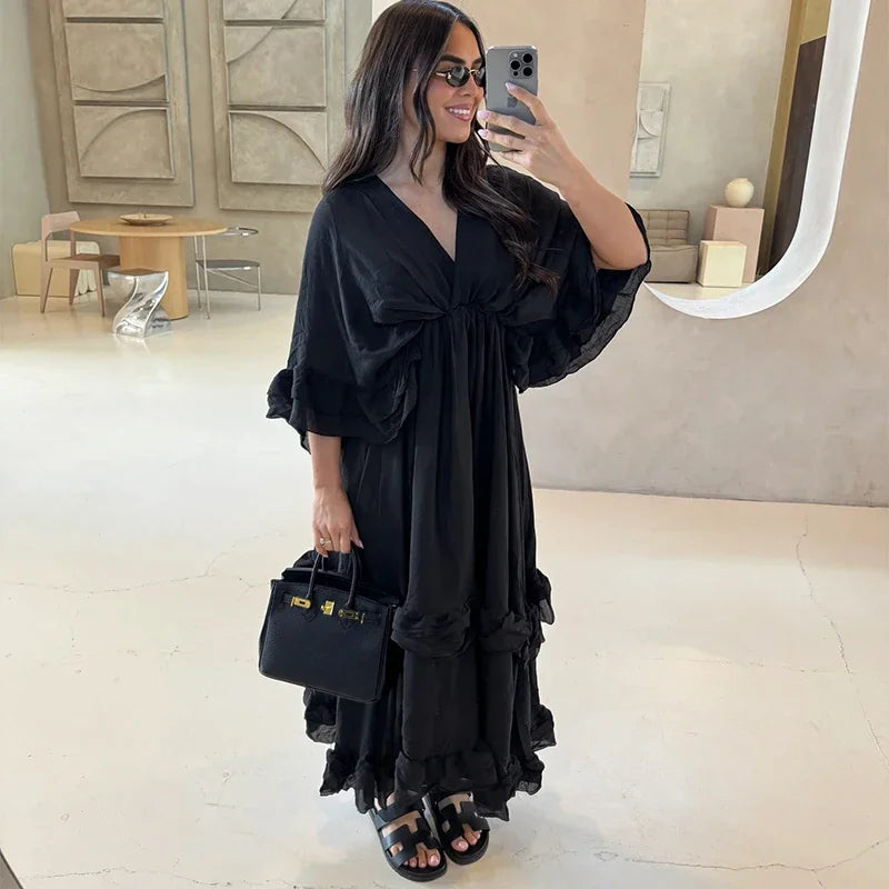 Elegant Ruffles Long Pleated Dress Women Loose Solid V-neck Half Sleeve Ruched Dresses 2025 Spring Summer Lady Vacation Robe New