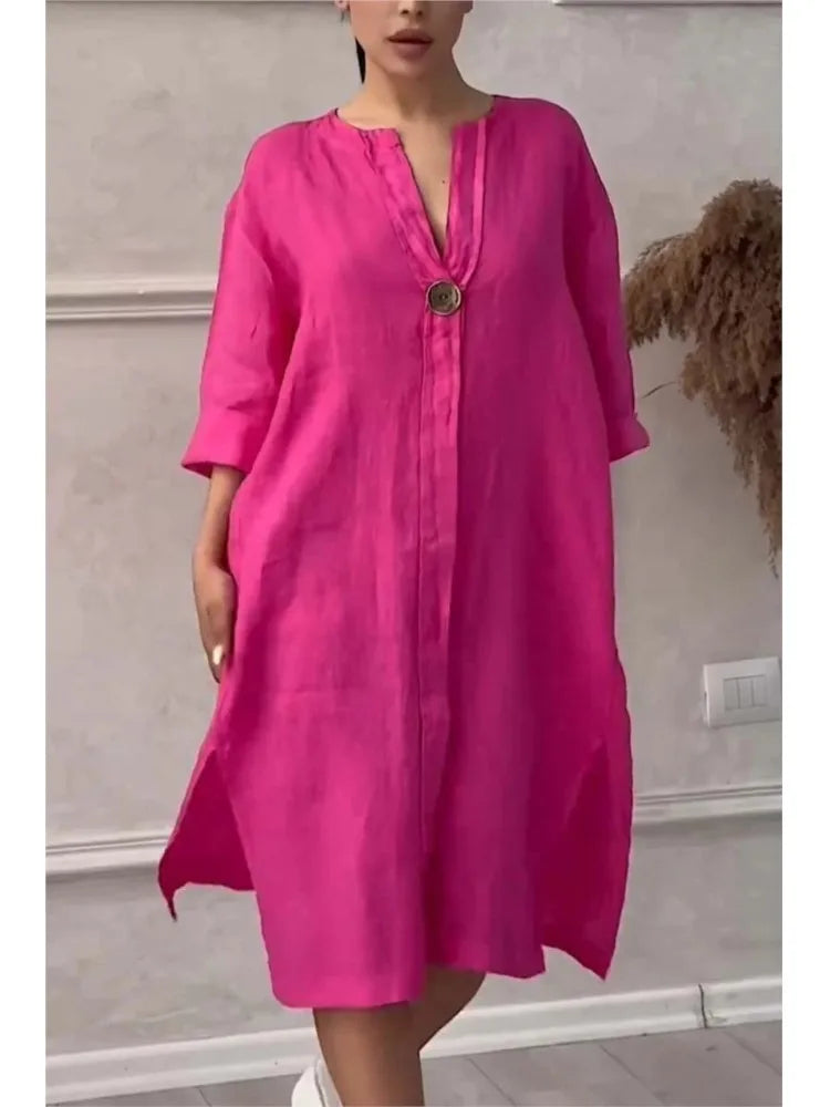Elegant O-neck Long-sleeved Button Dress For Women Summer Cotton And Linen Solid Color Loose Casual Slit Simple Dress Female