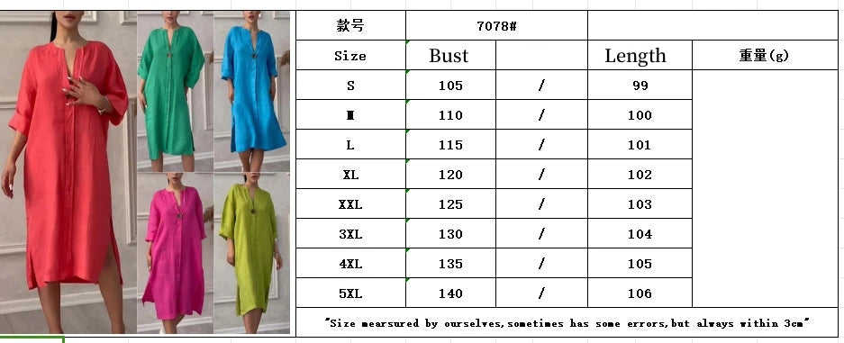 Loose V-neck Two Side Slit Pullover Dress 2024 Women's New Cotton And Linen Solid Color Casual Long-Sleeved Button Maxi Dress