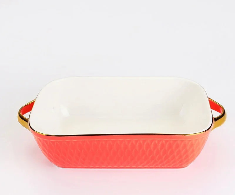 Golden Side Baking Tray Rectangle Oval Ceramic Glaze Baking Pan Barbecue Salad Plate Oven Kitchen Bableware