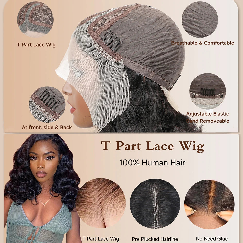 Body Wave Middle T Part Lace Front Bob Wig 13x4 Human Hair Wigs 180 Short Loose Body Wave T Part Lace Frontal Bob Wigs For Women