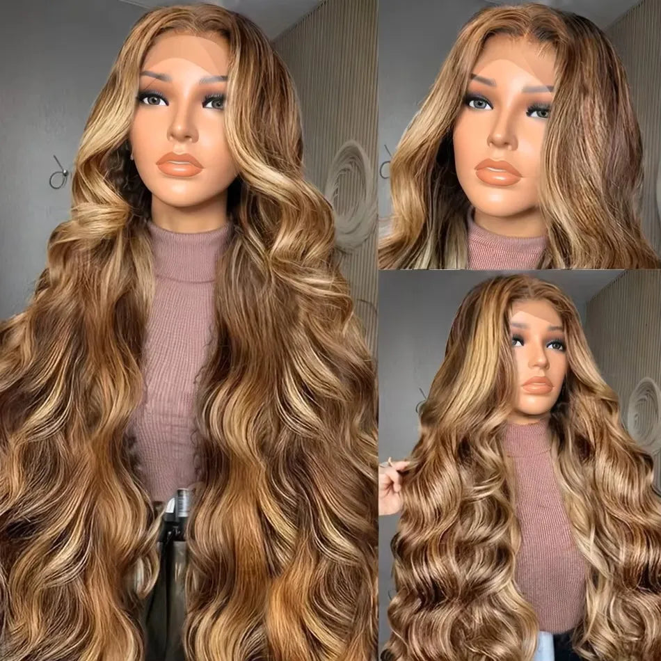 4/27 Highlight HD Lace Front Wig Human Hair Pre Plucked Body Wave Ombre Lace Frontal Wig Human Hair with Baby Hair 200 Density