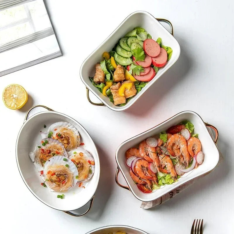 Golden Side Baking Tray Rectangle Oval Ceramic Glaze Baking Pan Barbecue Salad Plate Oven Kitchen Bableware